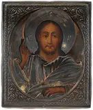 Russisch, um 1910 by Christus Pantokrator mit Silberoklad, tempera, sold Jun 2017