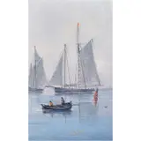 Rowboat and Sailboats by Charles Dyer Shed, oil on canvas affixed to board, sold Nov 2023