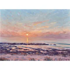 Coast at Sunset by Gary Ray, oil on board, sold Nov 2023