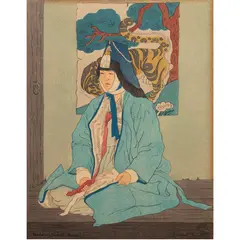 Wedding Guest by Elizabeth Keith, woodcut in colors, sold Nov 2023