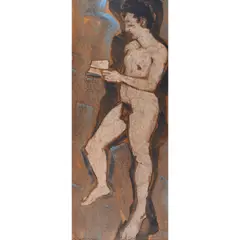 Untitled (Standing Reader) by Guy Anderson, 1982, oil on tarred roofing paper, sold Nov 2023