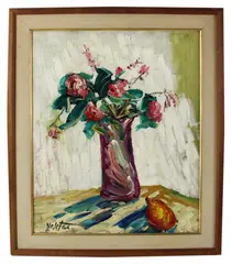 floral still life by Manoucher Yektai, oil on canvas, sold Aug 2026