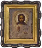 Russisch, Ende 19.Jh by Christus Pantokrator mit Silberoklad in Kiyot, tempera, offered Jun 2017