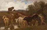 Kuhherde beim Queren einer Furt by Rudolf Koller, oil, sold Jun 2017