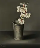 Nature morte au gobelet en étain et un rameau fleuri, 1976 by Charles Menge, oil on board, sold Jun 2017