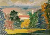 Herbstliche, baumbestandene Landschaft mit Blick auf die Dächer eines Dorfes by Fernand Dubuis, oil on canvas, sold Jun 2017