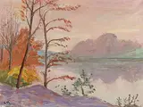 Baumbestandene Uferlandschaft in der Morgendämmerung by Ernst Morgenthaler, oil, offered Jun 2017