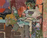 Mädchen mit weisser Henne", 1955 by Eugen Früh, oil on canvas, offered Jun 2017