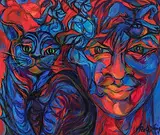 Die Katze und das Mädchen, 1977 by Rolf Dürig, oil on canvas, offered Jun 2017