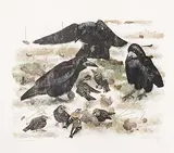 Raben by Robert Hainard, 1963, color woodcut, sold Jun 2017