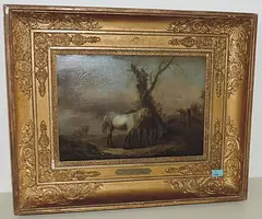 Zugeschrieben Zwei Pferde auf der Weide vor dem Stall by Louis-Auguste Brun, oil on canvas, offered Jun 2017