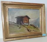 Walliser Gebirgslandschaft mit Speicher by Albert Gos, oil on canvas, offered Jun 2017