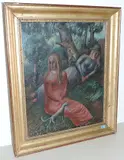 Liegende und sitzende Frau mit Hund im Wald", 1917 by Hermann Huber, oil on canvas, sold Jun 2017