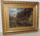 Herbstliche Landschaft mit Bachlauf und Burgruine, 1887 by Hermann Rüdisühli, oil on board, offered Jun 2017