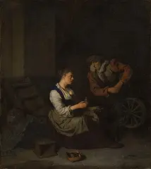 Interieur mit einer Frau am Spinnrad, rechts ein Mann by Cornelis Bega, 1662, oil on canvas, sold Mar 2017