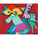Jumping Fox with Green Virgin by Karel Christiaan Appel, oil on wood sculpture, sold Nov 2023