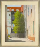 Untitled (Cat in the Alley) by Bill Charad, oil on board, sold Nov 2023