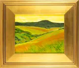 Orange and Green Fields by Linde Harvey, oil on board, sold Nov 2023
