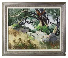 stone fence with old trees by Ken Gore, oil on board, sold Oct 2026