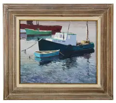 harbor scene by Ken Gore, oil on masonite, sold Oct 2026