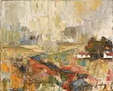 Houses and River in a Landscape by Magriet van Loggerenberg, oil on canvas, sold Sep 2025