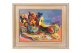Still life of flowers in pot by Elizabeth Jane Lloyd, oil on board, offered Oct 2022