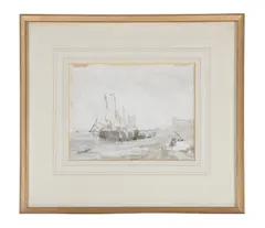Fishermen unloading the catch by George Chambers Jr., Pencil and wash, sold Nov 2020