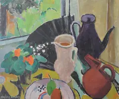 Still life with jugs, fruit bowl and fanOil on boardSigned lower left58 x 69cm (22¾ x 27 in.)Condition Report: Executed on a thin board, backed with canvas by Mildred Bendall, oil, sold Oct 2020