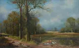 Forest landscape with church beyondOil on canvas laid to board Signed lower right 51 x 84cm (20 x 33 in.)Unframed by John Trickett, oil, offered Oct 2020