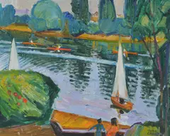 Sculls & SailsOil on canvasSigned lower right40.5 x 50cm (15¾ x 19½ in.)With artist's studio label, verso by Hugh Verschoyle Cronyn, oil, sold Oct 2020