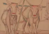 Oxen Mixed mediaSigned and dated c by Ragheb Ayad, c. 1965, oil, sold Oct 2020