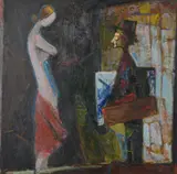 Artist with the Model by Moses Aleksandrovich Feigin, 1987, oil, sold Oct 2020
