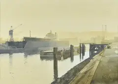 Morning Mist, Rouen DocksWatercolourSigned lower right48 x 68cm (18¾ x 26¾ in.)Provenance:Mulberry Gallery, Wantage, Oxfordshire by Peter Kelly, watercolor, sold Oct 2020