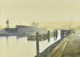Morning Mist, Rouen DocksWatercolourSigned lower right48 x 68cm (18¾ x 26¾ in.)Provenance:Mulberry Gallery, Wantage, Oxfordshire by Peter Kelly, watercolor, sold Oct 2020
