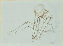 Girl touching toes by John Ward, 1984, drawing, sold Oct 2020
