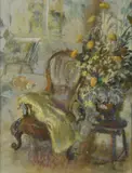 Interior scene with chair, cat and a vase of flowersOil on paper Signed lower right 64 x 49cm (25 x 19¼ in.) by Elizabeth Scott-Moore, oil, sold Oct 2020