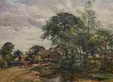 Cart passing a duck pond, a farm beyond by Mark Fisher, Oil on canvas, sold Jan 2022