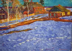 Houses in winteroil on cardsigned and dated '6952 by Yuri Matushevski, oil on card, sold Jan 2022