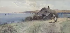 Coastal scene with woman feeding chickens beside a cottage by Carleton Grant, 1890, watercolour, sold Dec 2021