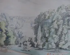 Deckchairs in a park by Bernard Adams, ink and watercolour, sold Dec 2021