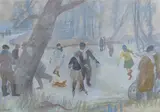Skaters in winter by Hubert Arthur Finney, watercolour, sold Dec 2021