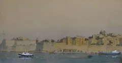 HMS London visiting Malta 1979 by Kenneth C. Holmes, watercolour, sold Dec 2021