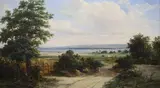 Extensive landscape with figures on a lane looking towards an estuary oil on canvas signed 22 x 37cm by Alfred Vickers, oil on canvas, offered Dec 2021