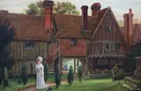 Edwardian lady standing before a 17th century houseoil on by Arthur Langley Vernon, oil on canvas, sold Dec 2021