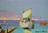 Fishermen off coast at La Napoule near Cannesoil on by Cecil Rochfort D'Oyly-John, oil on canvas, sold Dec 2021