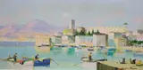 Cannes Bay, French Riviera, Esterel Mountains behind oil on canvas signed in ink 34 x 70cm by Cecil Rochfort D'Oyly-John, oil on canvas, sold Dec 2021