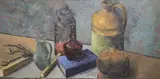 Still life of bottles, a book and flagon on a table top oil on board initialled and dated '58, Young Contemporaries 1959 Exhibition label verso 60 x 121cm by Clarisse Loxton Peacock, oil on board, offered Dec 2021