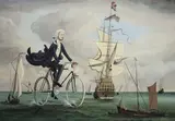Maritime Lawyer, Barrister on a bicycle riding the waves with shipping around him oil on board signed 38 x 54cm by Ronald George Ferns, oil on board, offered Dec 2021
