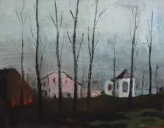 Trees and houses at duskoil by Fred Uhlman, oil on board, offered Dec 2021