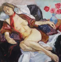 Falling Asleep' oil on board signed and dated '94, Artist's and Rendevous Gallery labels verso 42 x 42cm by Jack Morrocco, oil on board, sold Dec 2021